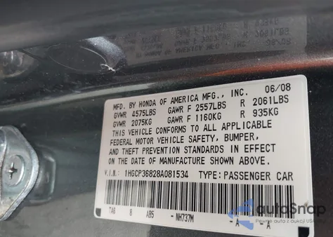 2008 Honda Accord 3.5 Ex-L из США, поврежденный, VIN 1HGCP36828A081534